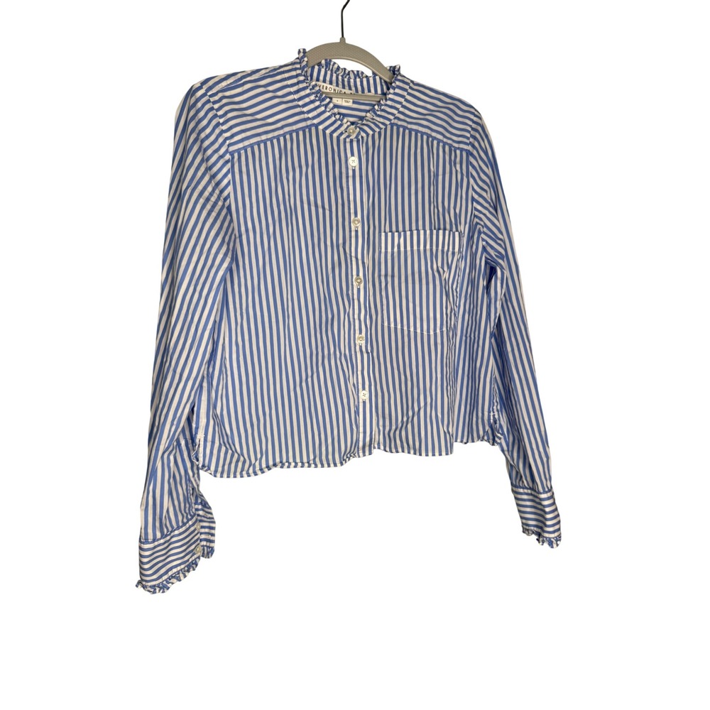 Veronica Beard Blue White Striped Ruffle Collar Cropped Button Down Shirt 4